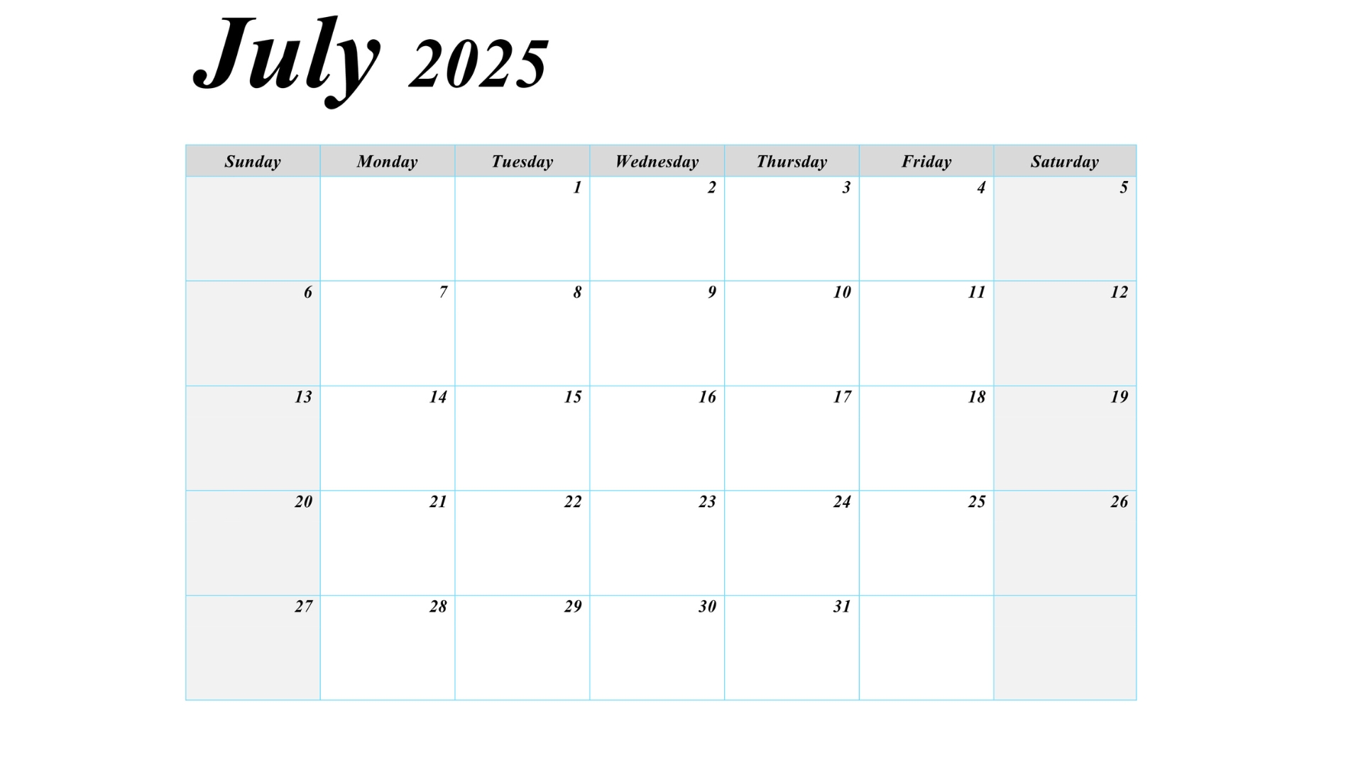 July 2025 blank calendar with large boxes for notes and planning.