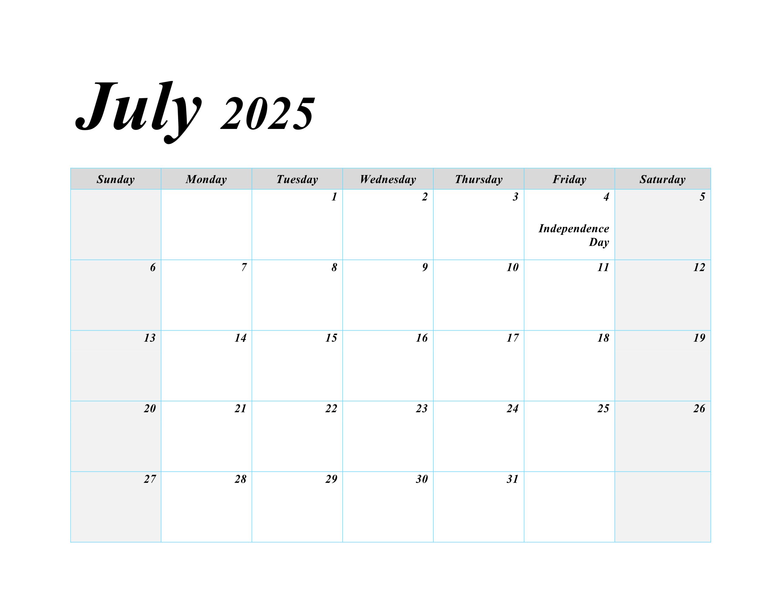 July 2025 blank calendar with US holidays marked, featuring large spaces for notes.