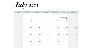 July 2025 blank calendar with US holidays marked, featuring large spaces for notes.