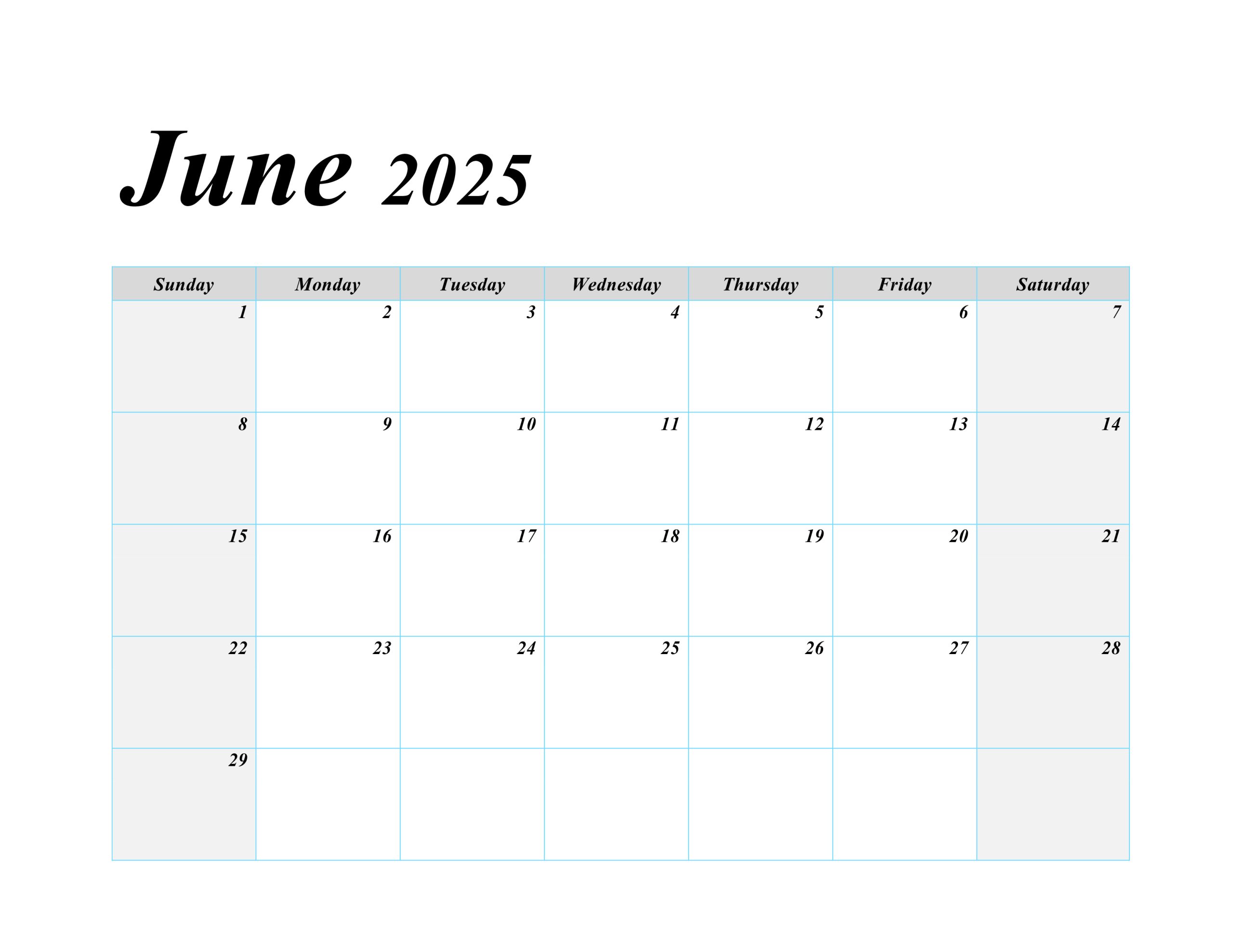 June 2025 blank calendar with large spaces for customization and note-taking.