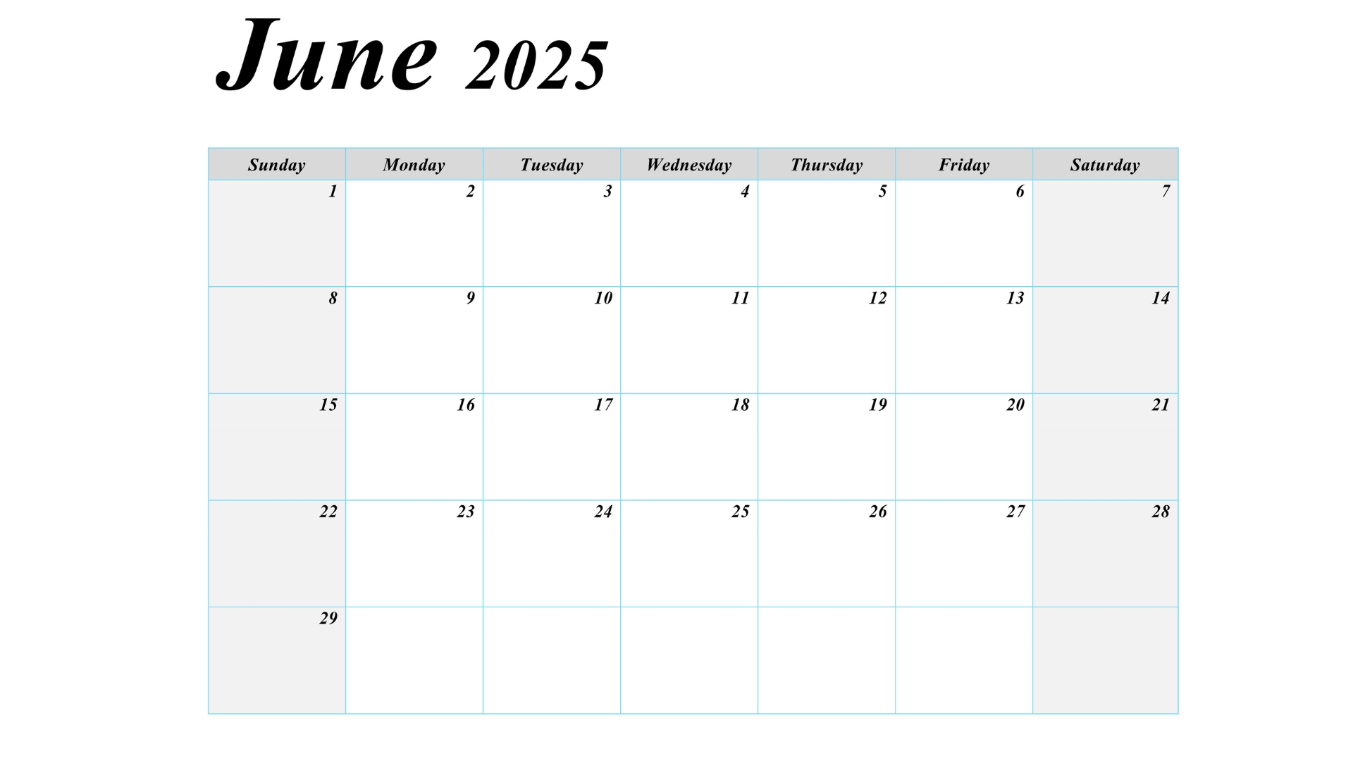 June 2025 blank calendar with large spaces for customization and note-taking.