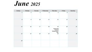 June 2025 blank calendar with holidays marked, featuring large boxes for notes.