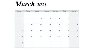 March 2025 blank printable calendar with simple layout.