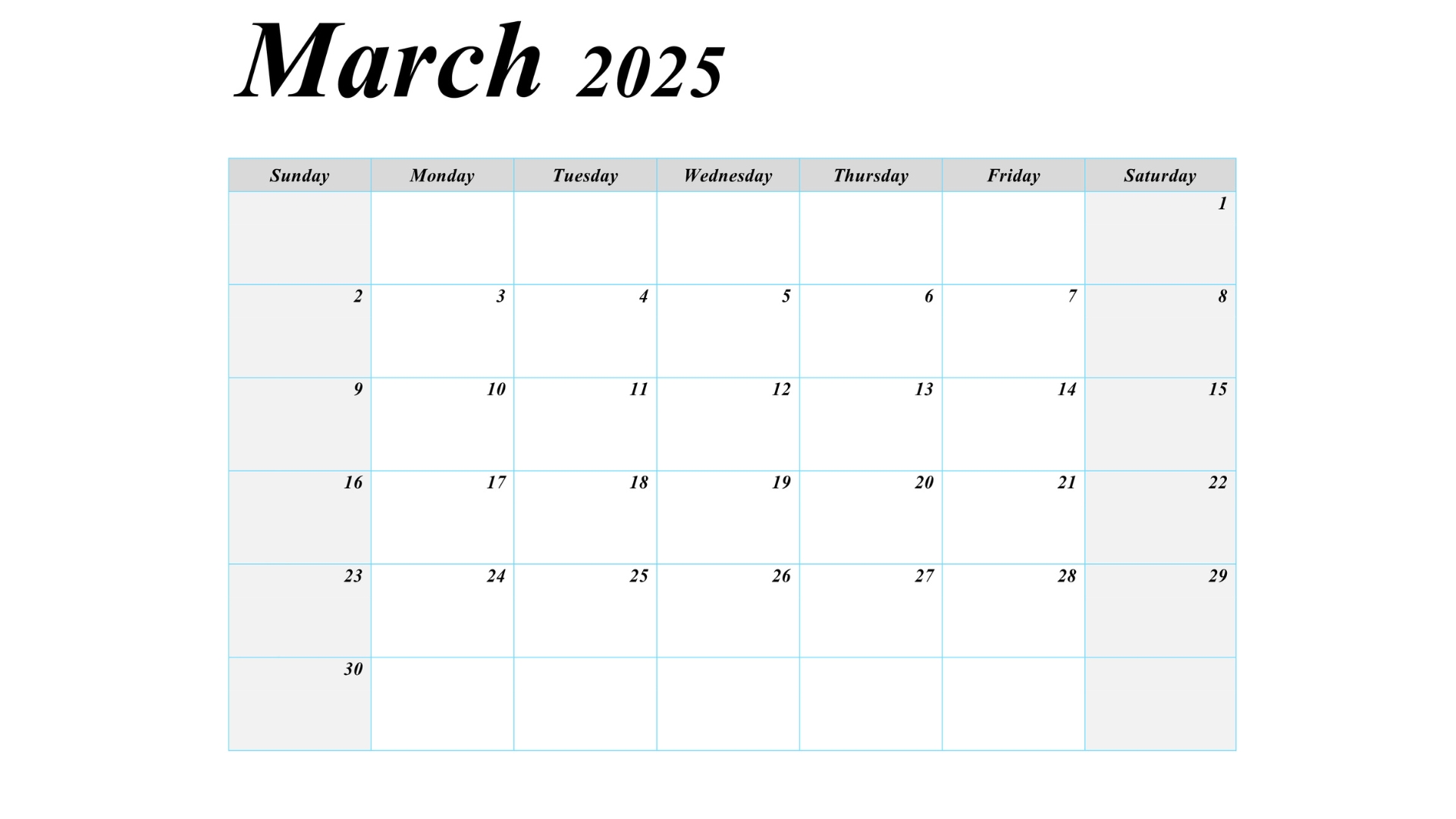 March 2025 blank printable calendar with simple layout.