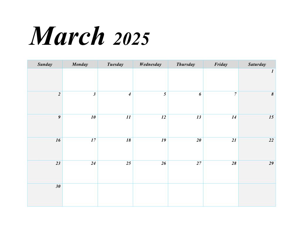 March 2025 blank printable calendar with simple layout.