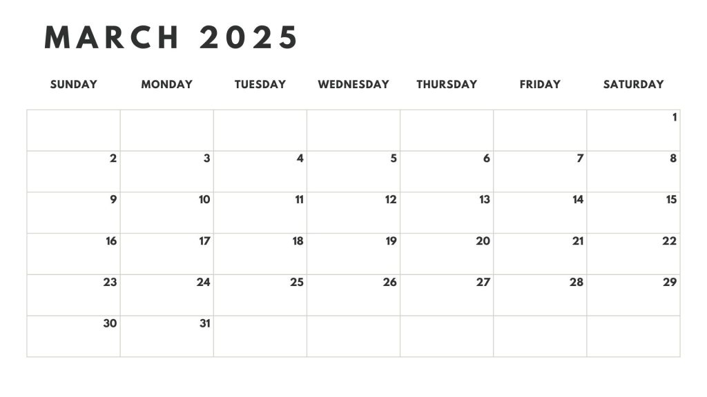 March 2025 black and white printable calendar, minimalist design. Free Printable Calendars at CalendarsPDF.