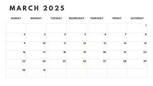 March 2025 black and white printable calendar, minimalist design.