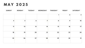 May 2025 black and white calendar with a clean, simple layout for easy printing.