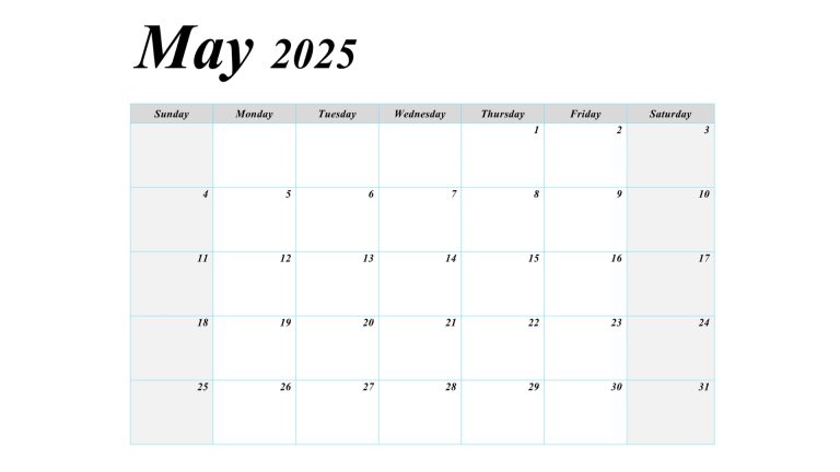 May 2025 printable calendar template with a simple design, featuring large boxes for writing notes.