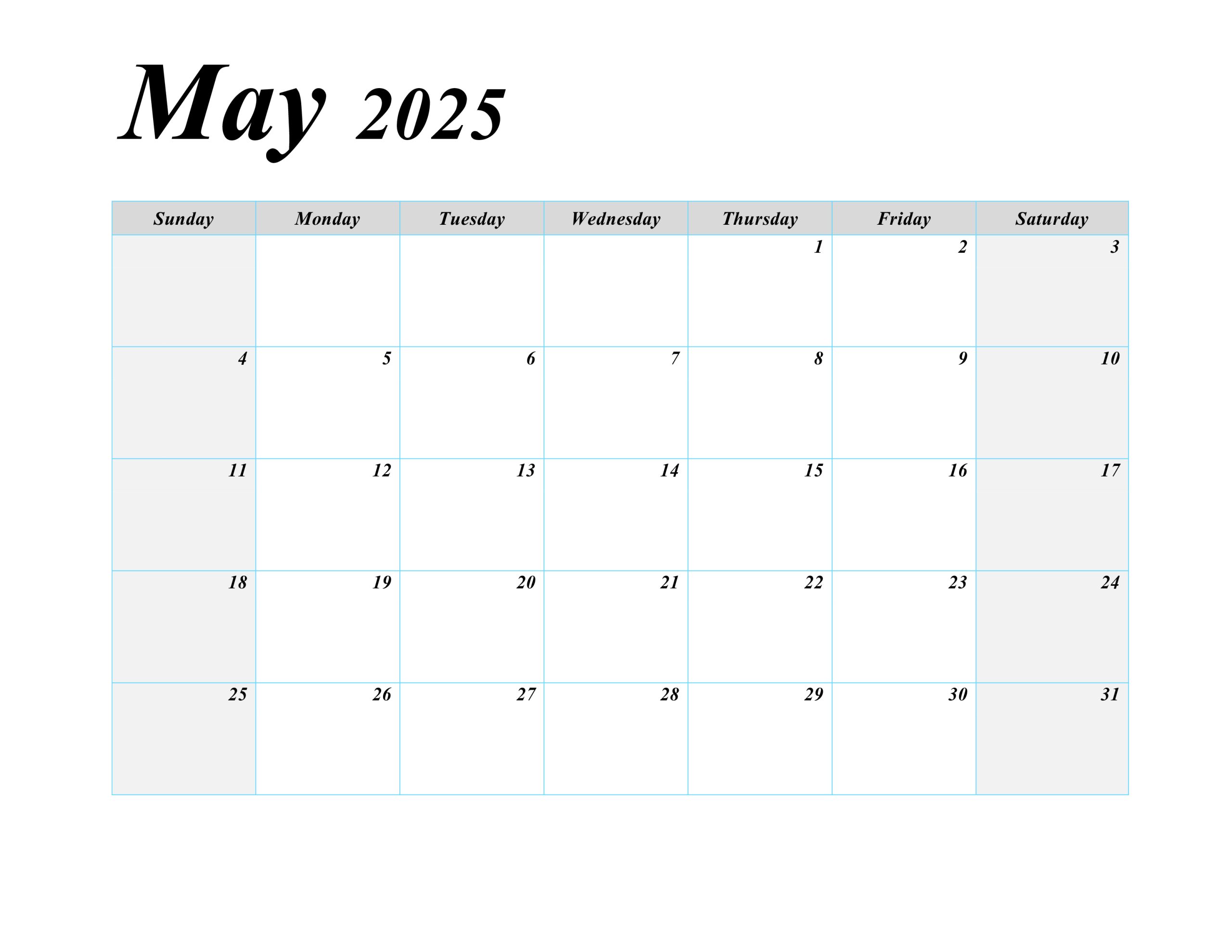 May 2025 calendar template with a simple design, featuring large boxes for writing notes.