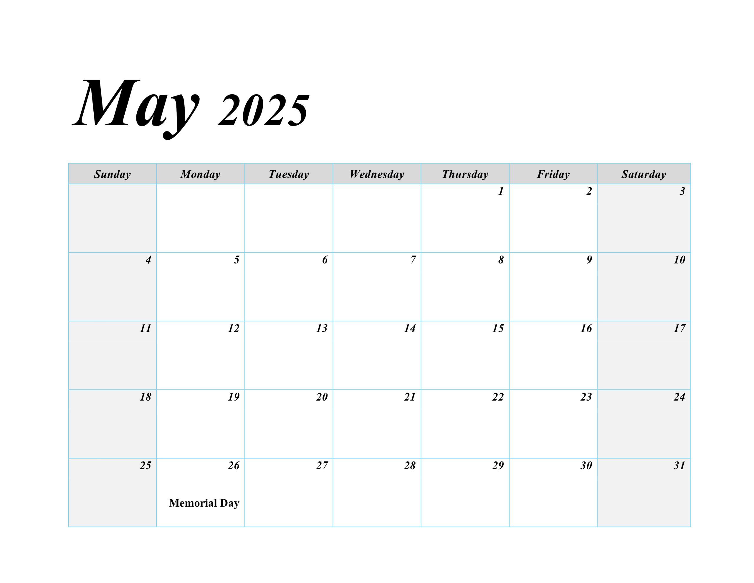 May 2025 blank calendar with US holidays marked, featuring large spaces for notes.