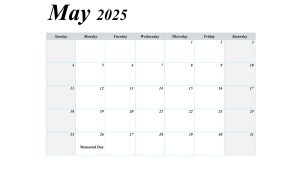 May 2025 blank calendar with US holidays marked, featuring large spaces for notes.