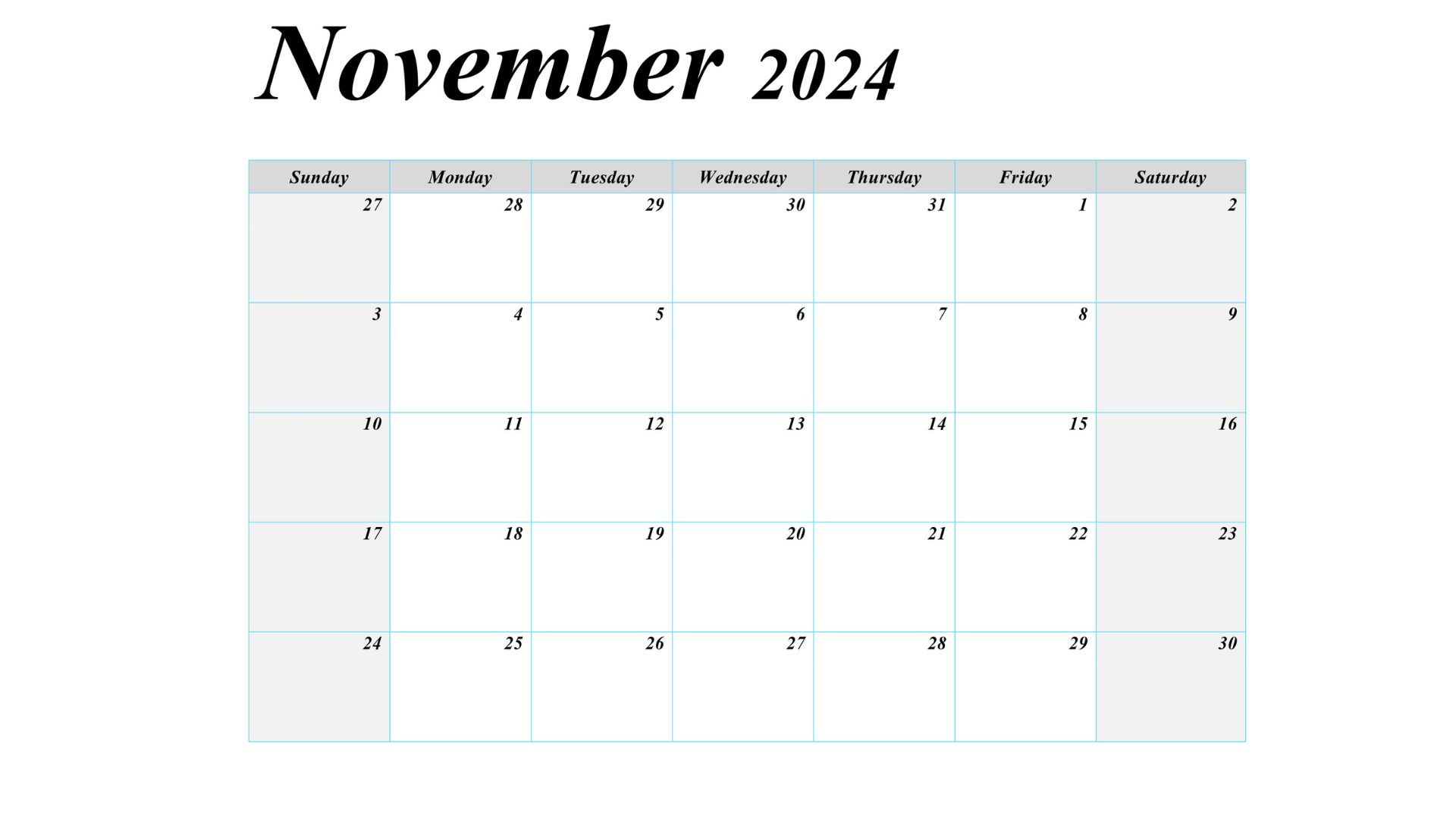 November 2024 blank printable calendar for personal or professional use.