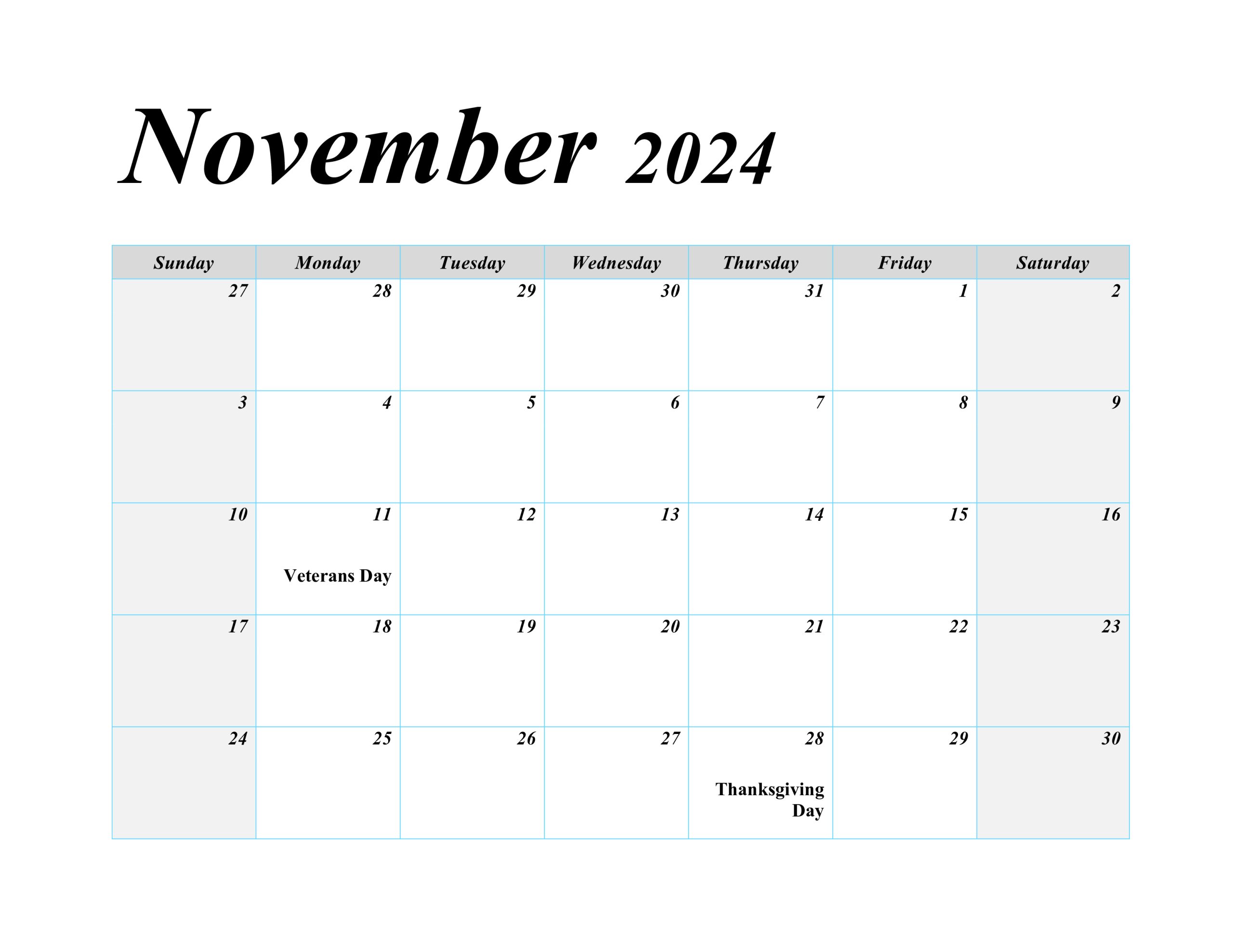 November 2024 Calendar with U.S. Holidays