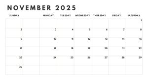 November 2025 black and white calendar with a simple and clear design for easy planning.