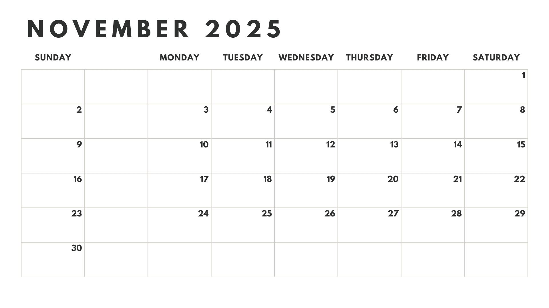 November 2025 black and white calendar with a simple and clear design for easy planning.