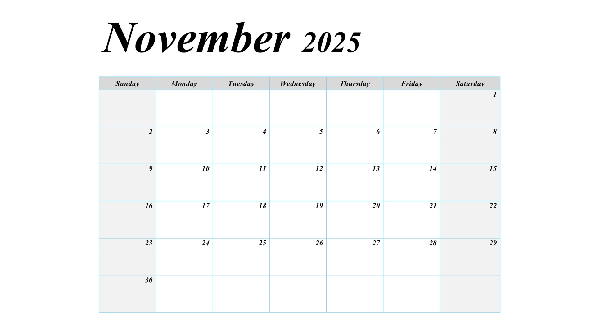 November 2025 blank calendar with US holidays, featuring a simple layout for easy scheduling.