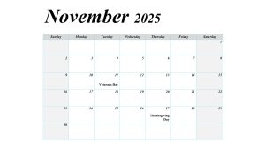 November 2025 blank calendar with US holidays, featuring a simple layout for easy scheduling.