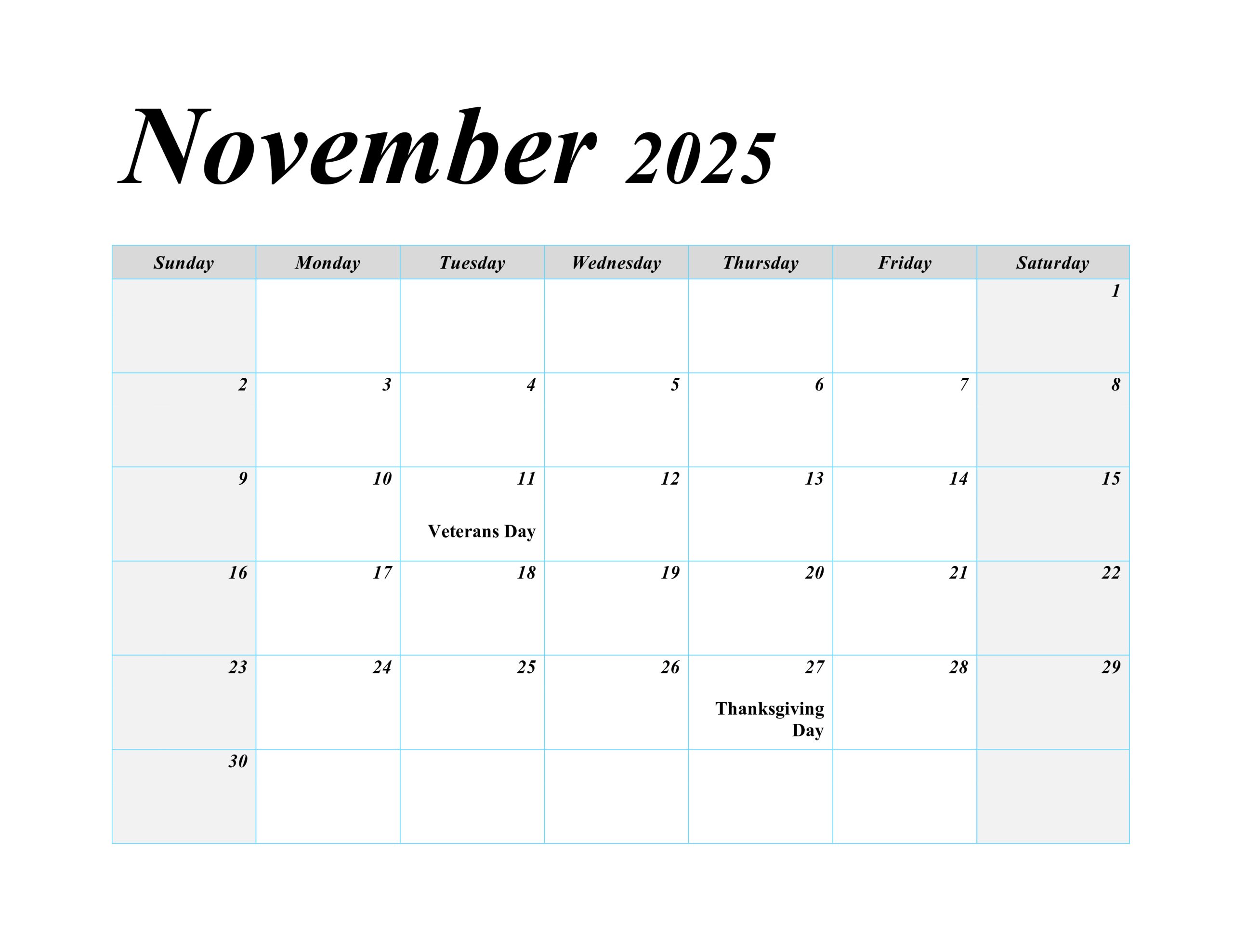 November 2025 blank calendar with US holidays, featuring a simple layout for easy scheduling.