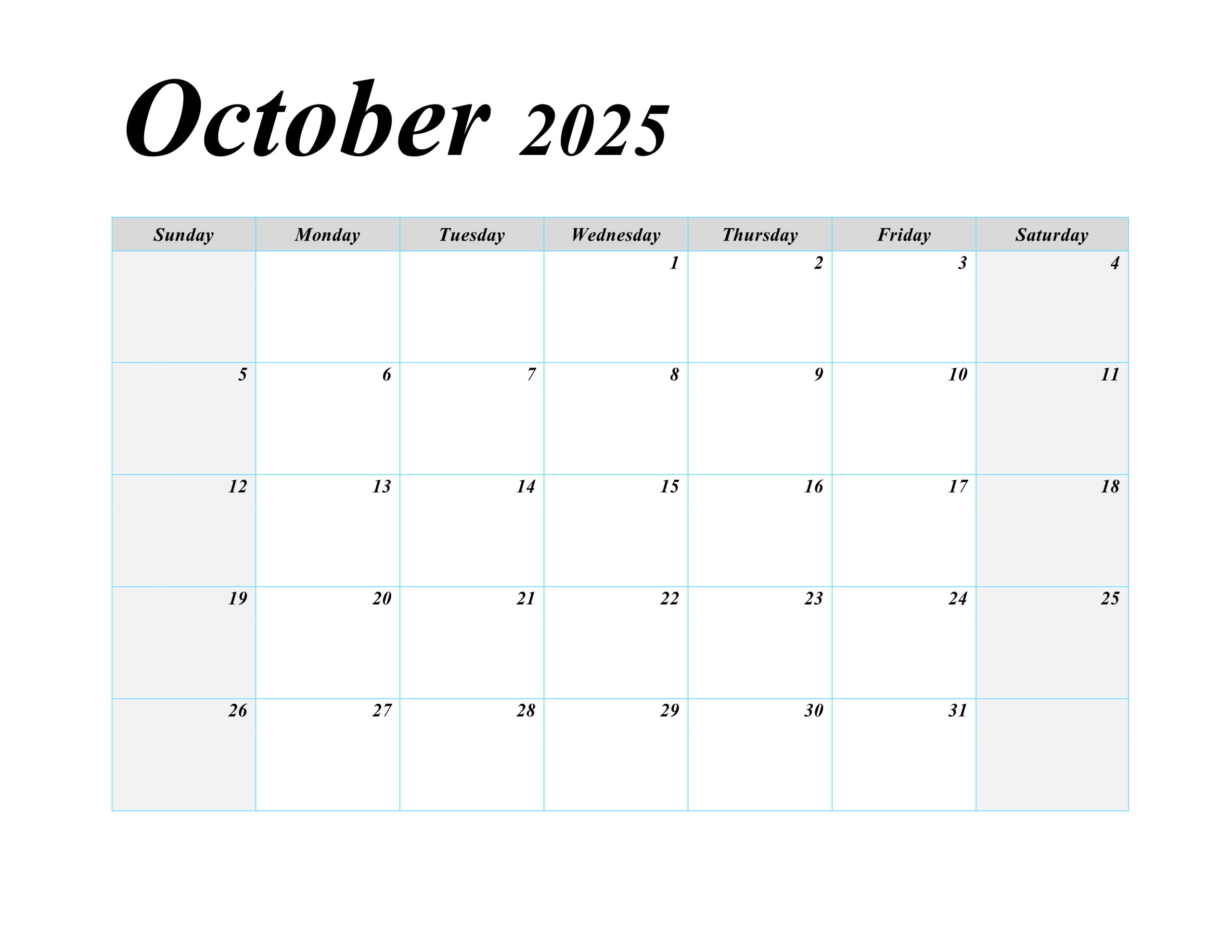 October 2025 blank calendar with a spacious and simple layout for personal notes and scheduling.