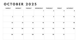 October 2025 black and white calendar with a simple and clear design for easy planning.