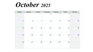 October 2025 blank calendar with US holidays, featuring a simple layout for easy scheduling.