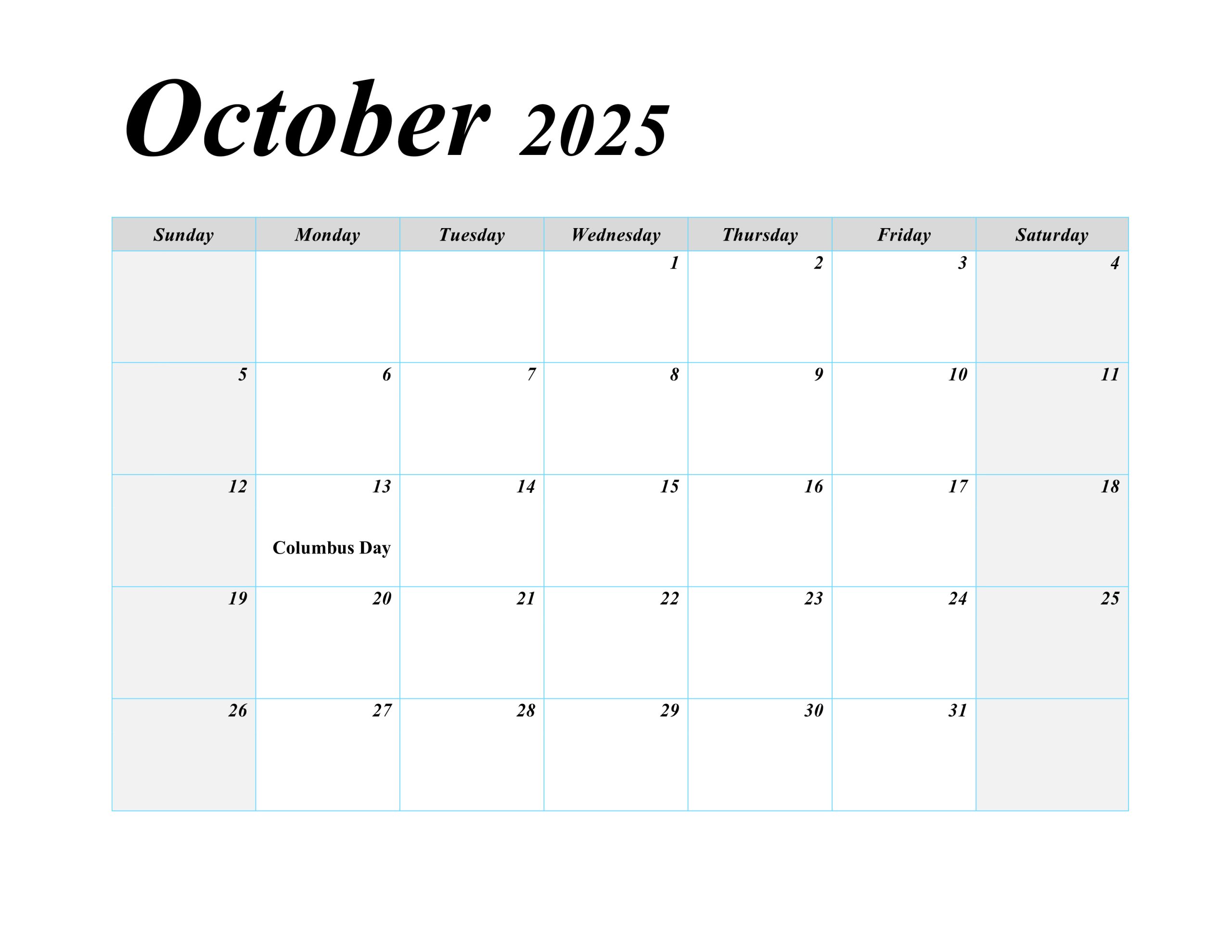 October 2025 blank calendar with US holidays, featuring a simple layout for easy scheduling.