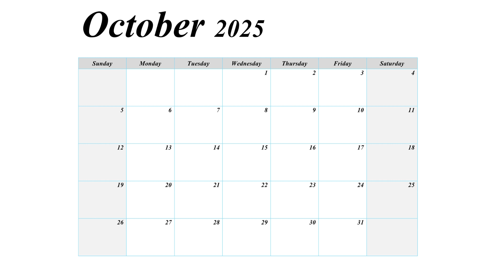 October 2025 blank calendar with US holidays, featuring a simple layout for easy scheduling.