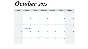 October 2025 blank calendar with US holidays, featuring a simple layout for easy scheduling.