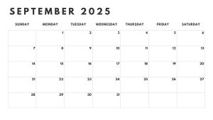 September 2025 black and white calendar with clear and simple design, featuring all the dates for easy reference.