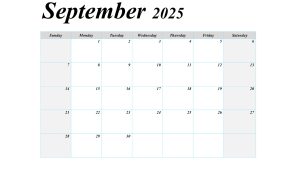 September 2025 blank calendar with a clean layout, perfect for note-taking and planning.