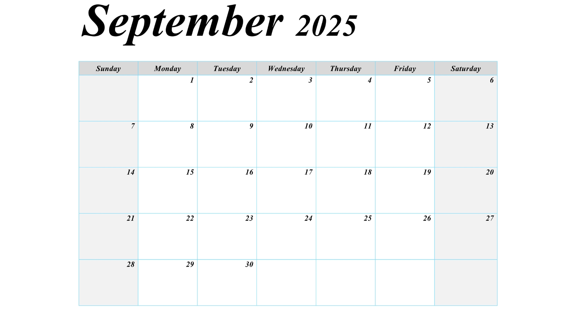 September 2025 blank calendar with a clean layout, perfect for note-taking and planning.