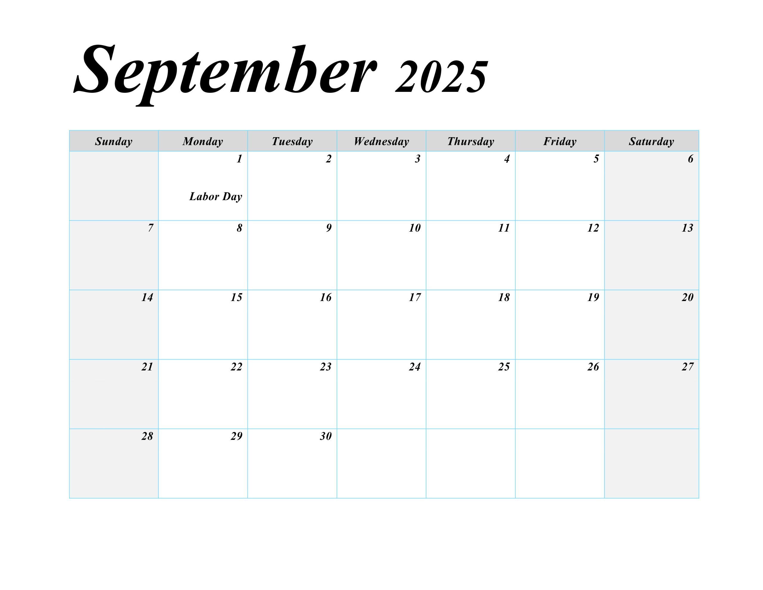 September 2025 blank calendar with marked US holidays, featuring a simple and clear layout.