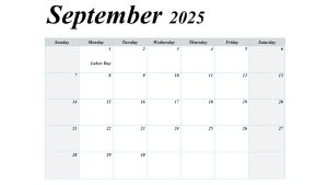 September 2025 blank calendar with marked US holidays, featuring a simple and clear layout.