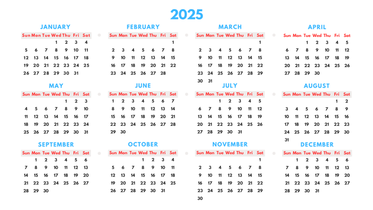 2025 yearly calendar in a red and blue theme, showing all months at a glance. Free Printable Calendars at CalendarsPDF