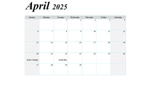 A simple and clean April 2025 calendar highlighting major holidays such as Easter Sunday and Earth Day.