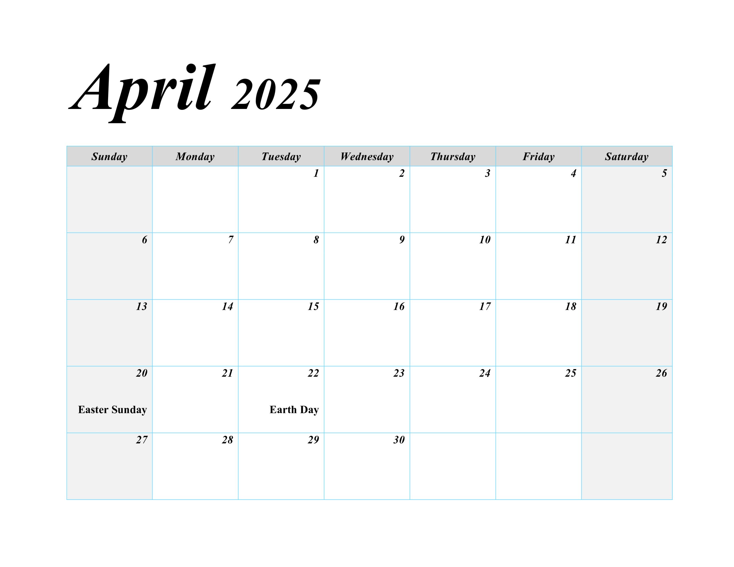 A simple and clean April 2025 calendar highlighting major holidays such as Easter Sunday and Earth Day.