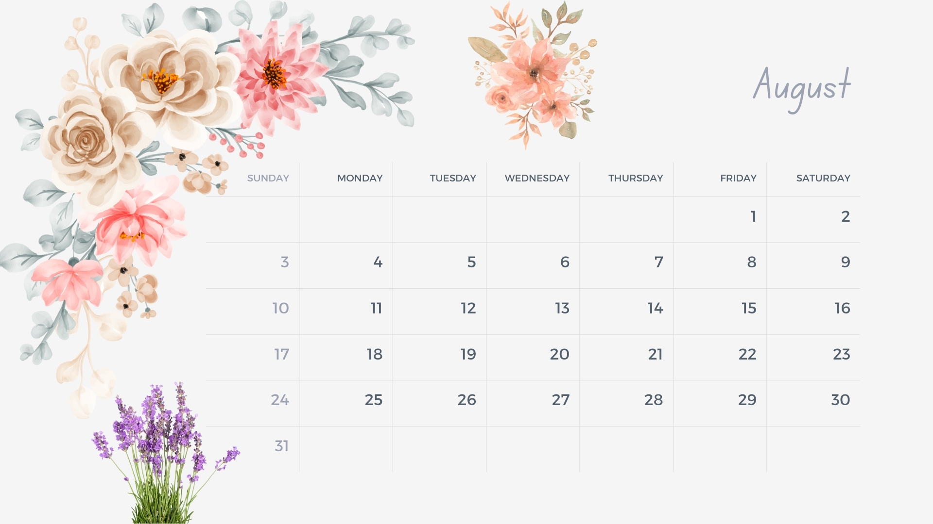 August 2025 floral calendar with rich summer blooms.