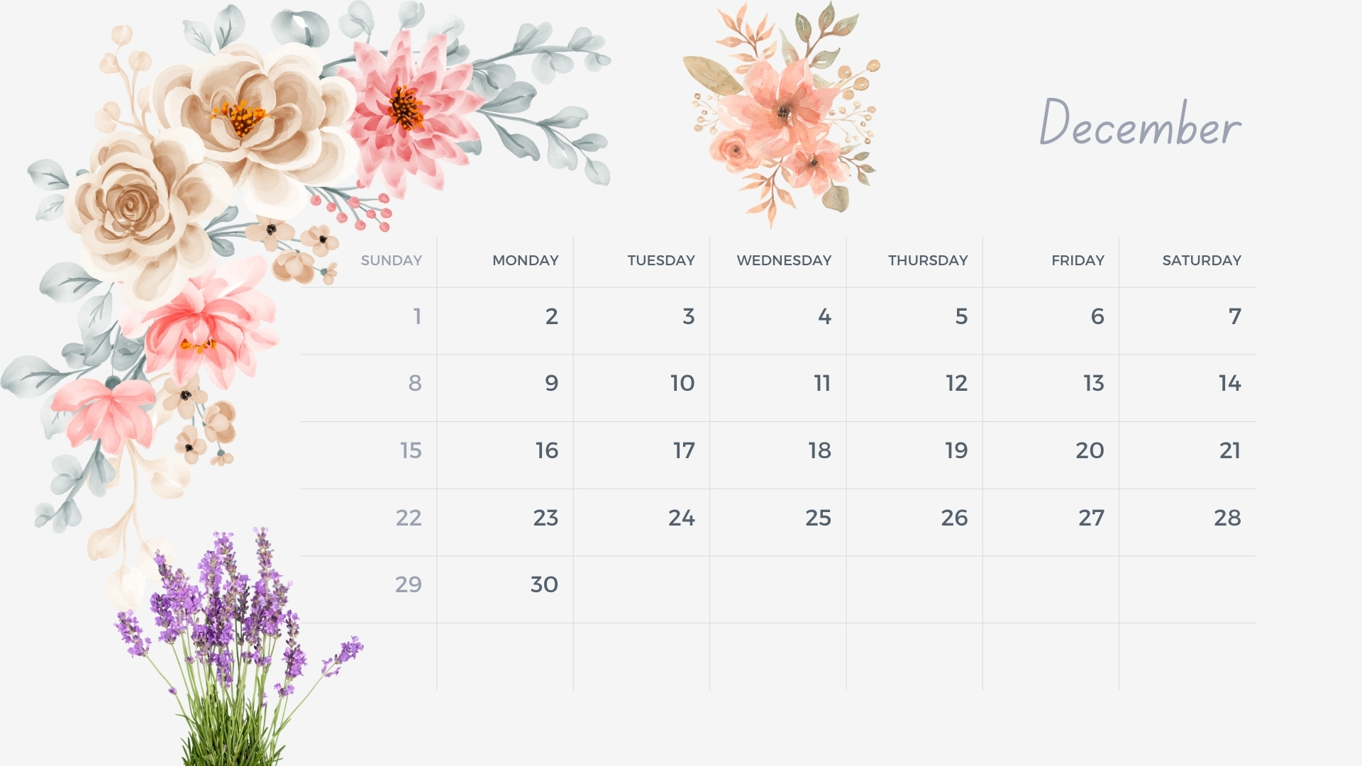 December 2024 calendar with festive floral designs for the winter season.