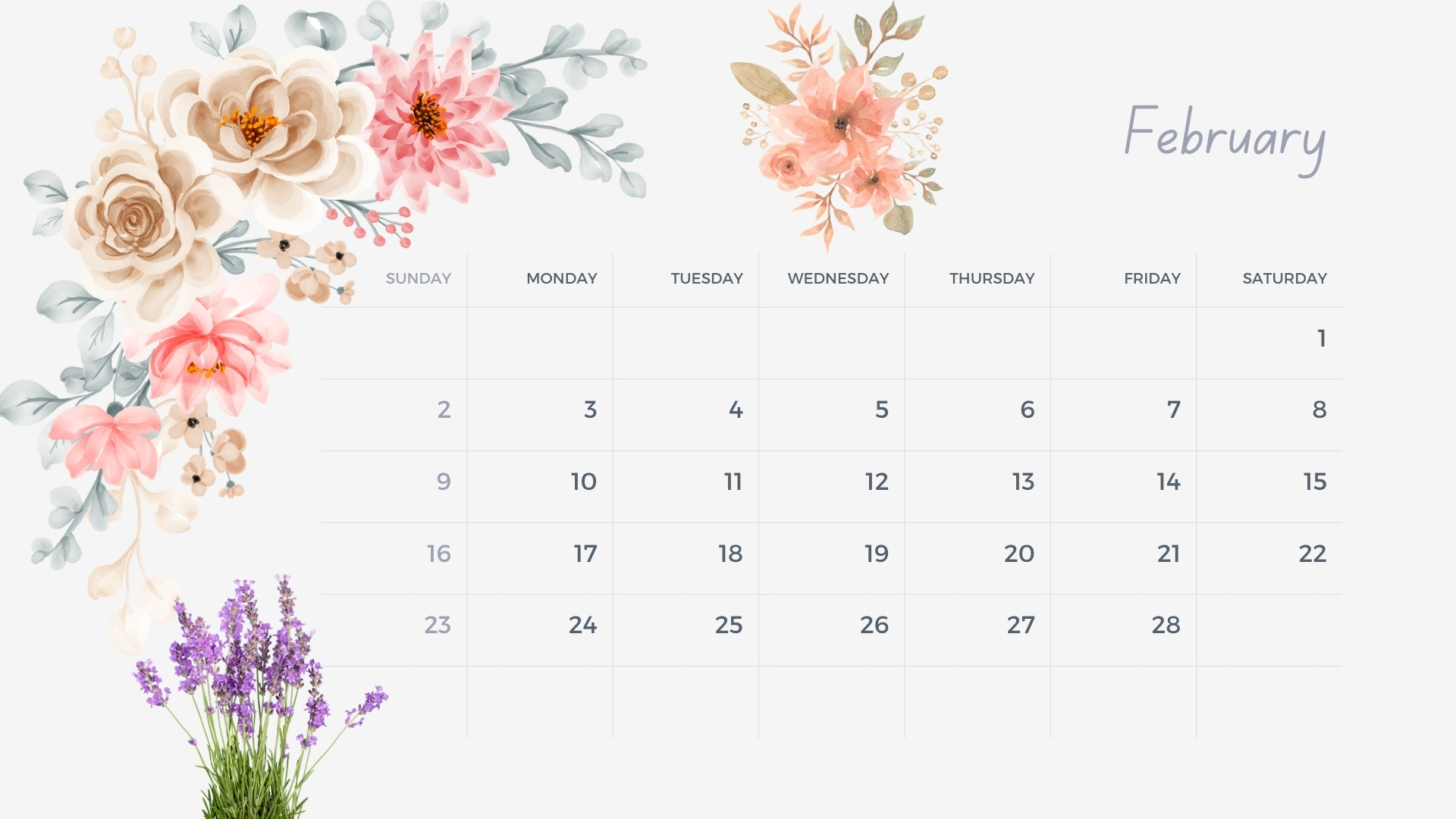 February 2025 floral calendar with romantic flower accents.