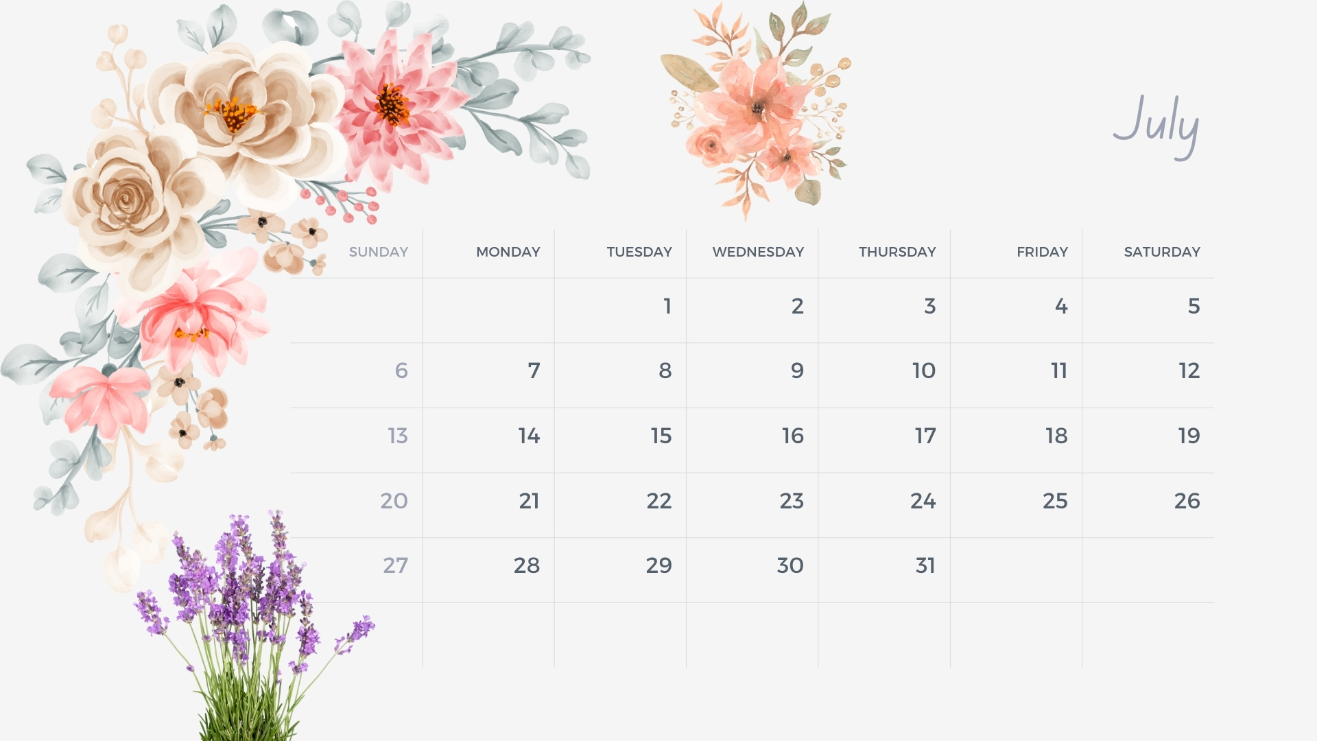 July 2025 calendar with vibrant flowers suited for summer.