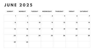 Black and white calendar for June 2025, featuring a simple and clean layout.