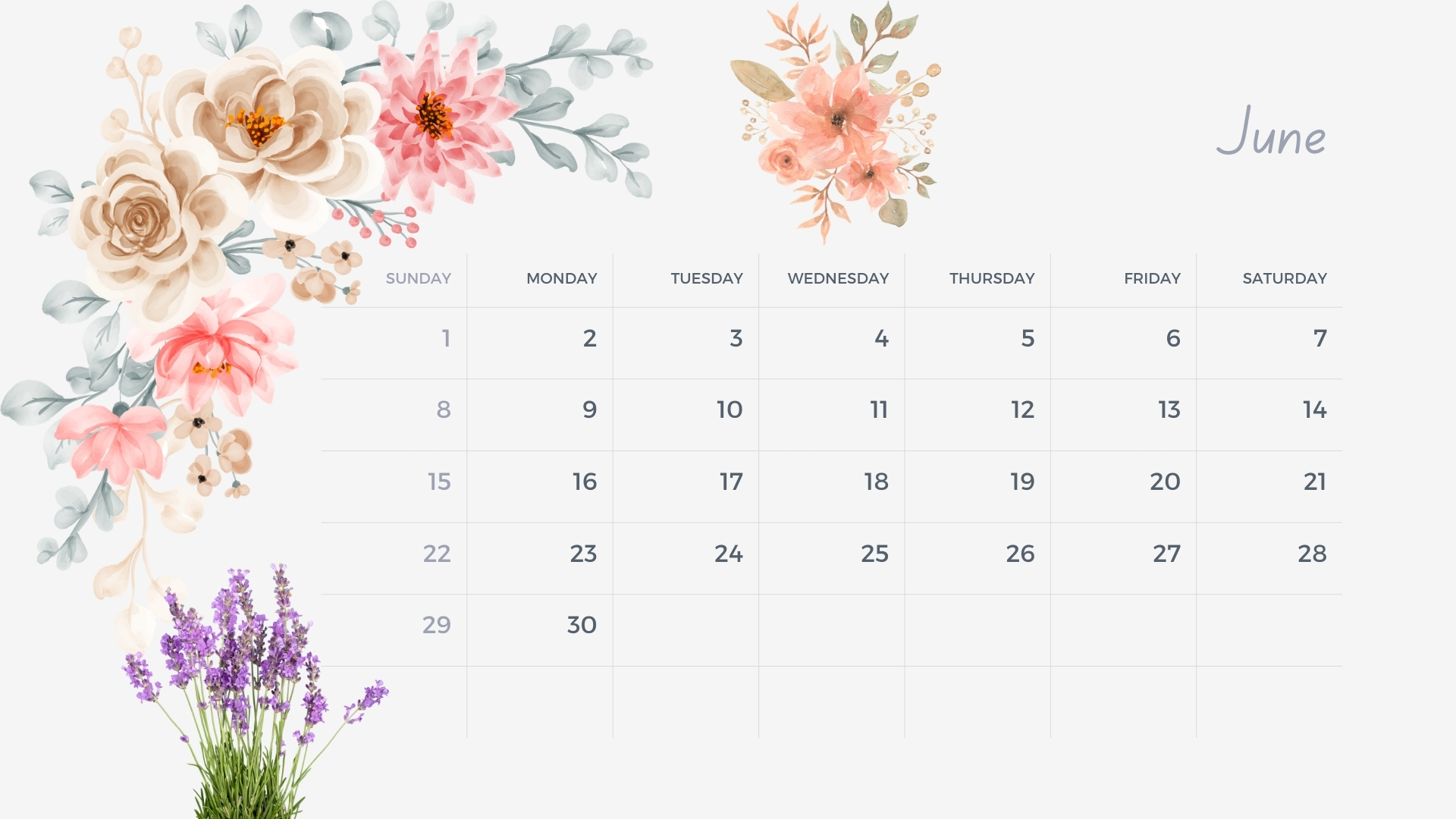 June 2025 floral calendar with bright summer flowers.