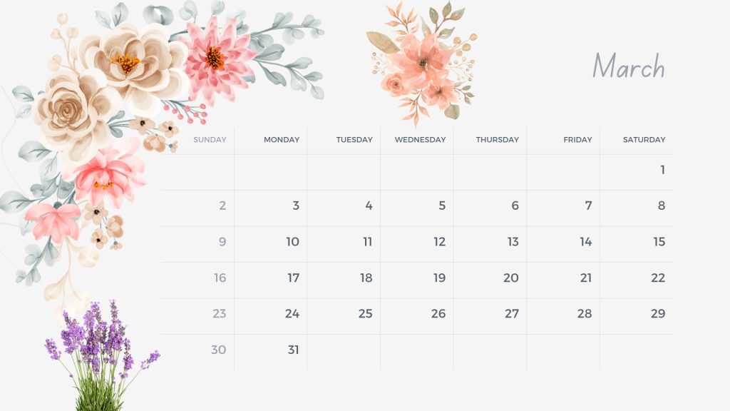 March 2025 floral calendar celebrating spring blooms.