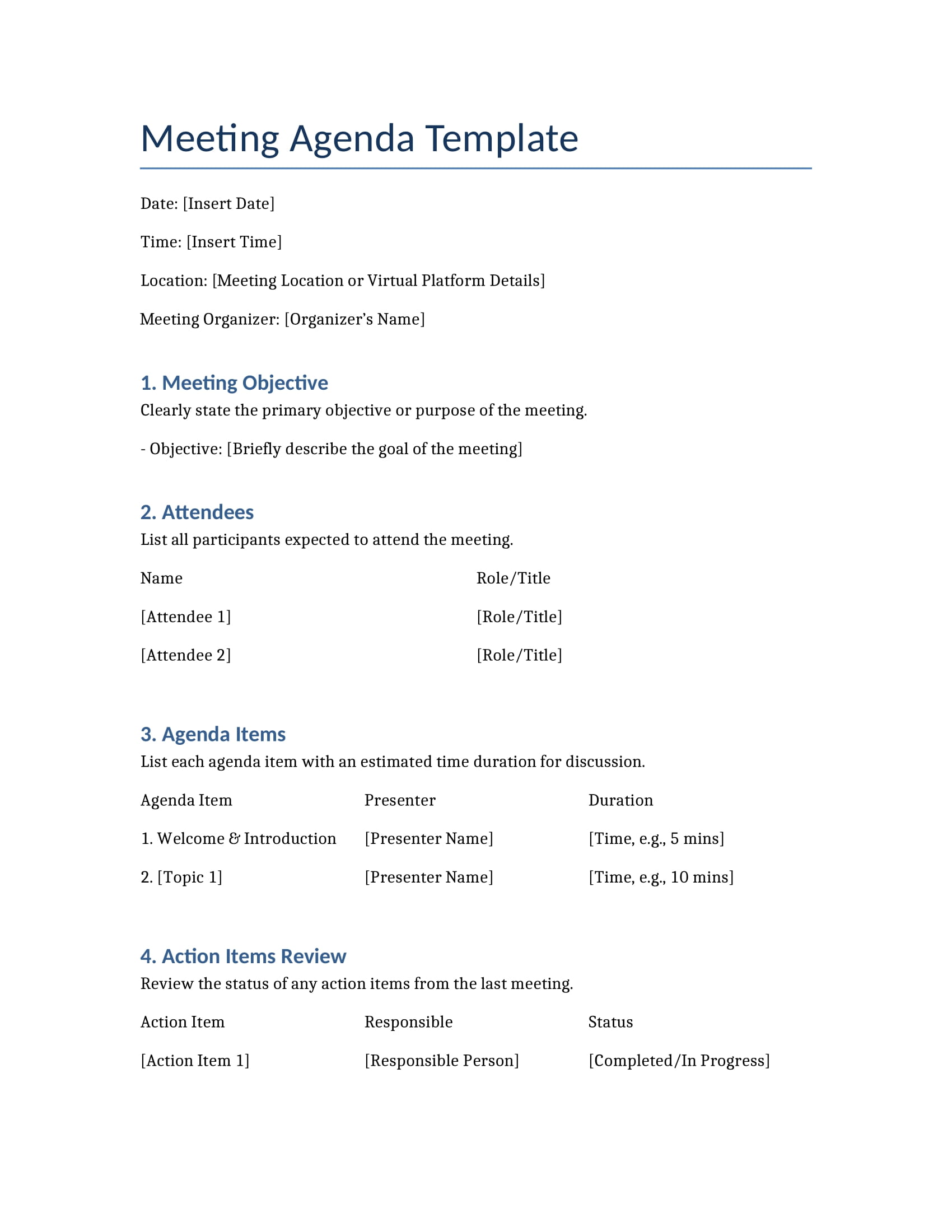 Meeting Agenda Template Remade - Printable Document with Action Items, Responsible Persons, and Due Dates