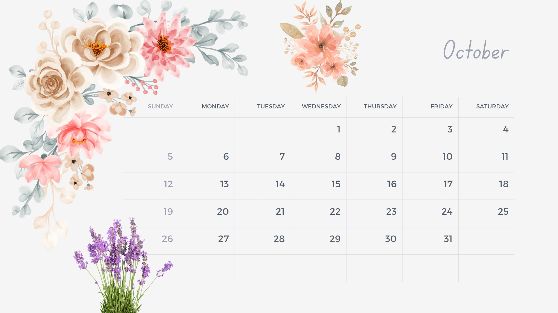 October 2025 calendar with autumnal floral designs.