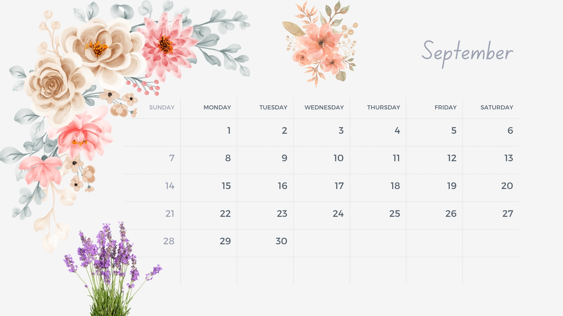 September 2025 floral calendar with early fall flowers.