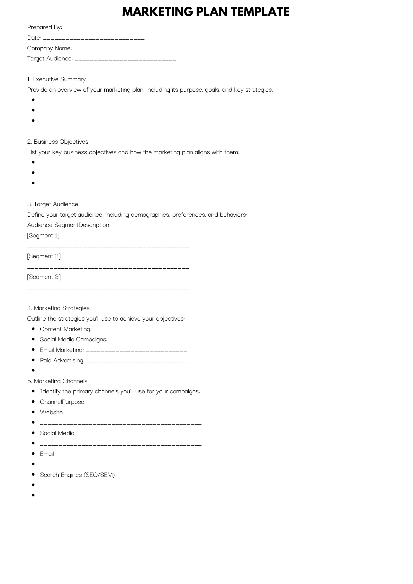 Marketing plan template with sections for goals, target audience, and strategies.