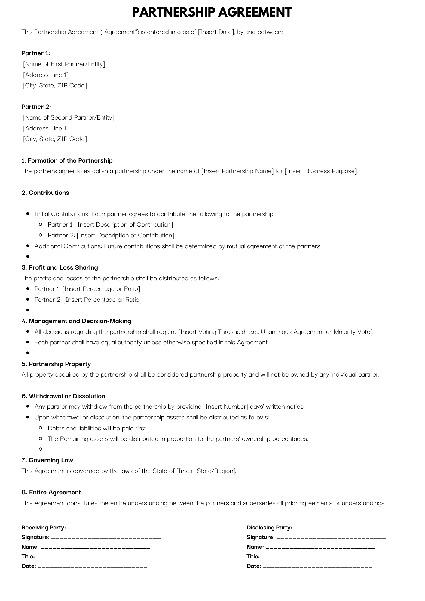 Partnership agreement template with sections for partner roles, contributions, and profit sharing.