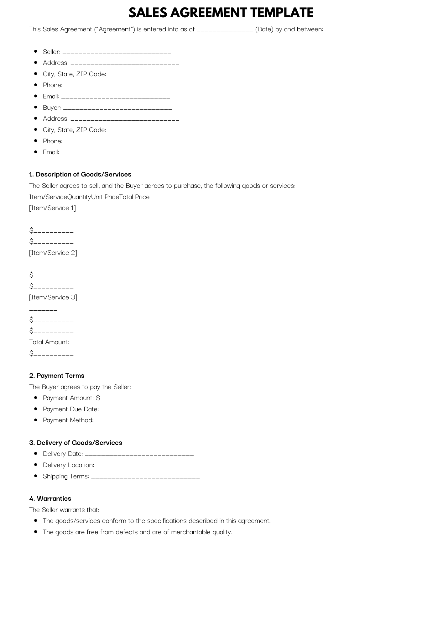 Business Templates: Sales agreement template with sections for items sold, price, and payment terms.